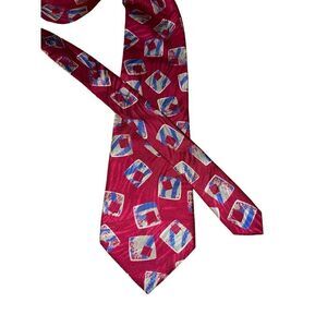 Ungaro Paris Crimson Red & Blue Geometric Handmade 100% Silk Neck Tie